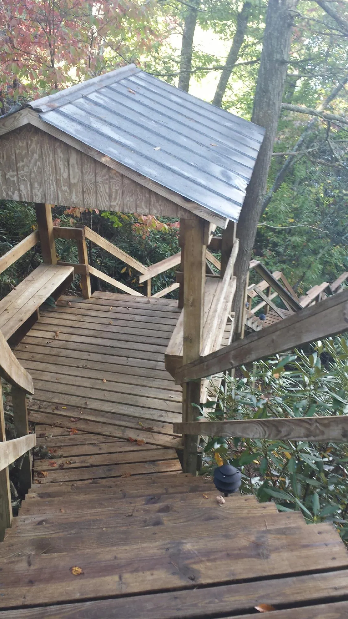 Metal roofed shelter over wooden steps on a wooded walkway — Skylight Repair & Installation work by our crew in Mcconnelsville